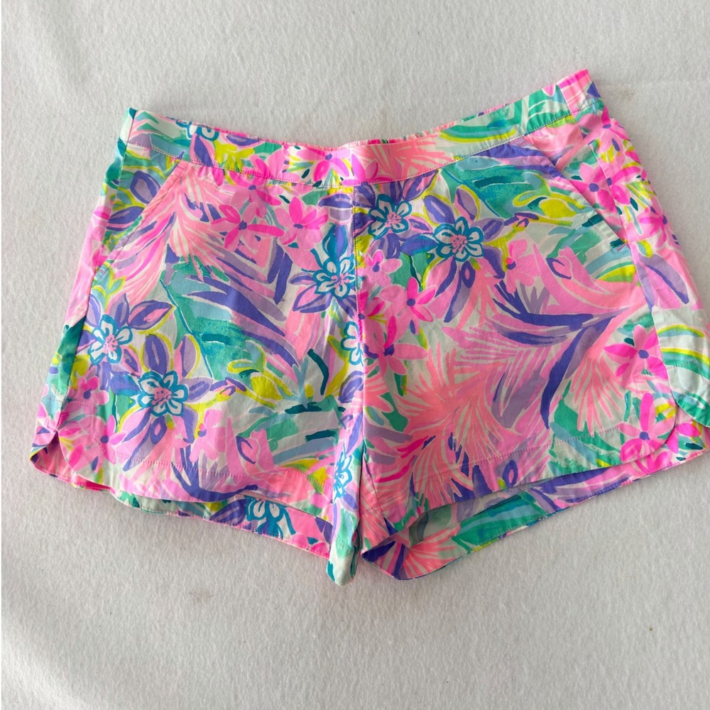 Lilly Pulitzer Women's Medium Palm Shorts Pink Tropical Cotton Stretch Preppy